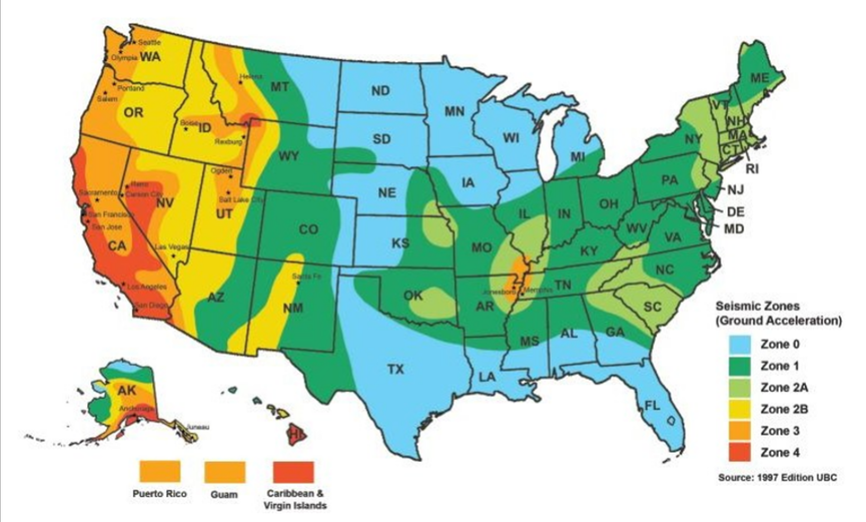 United States seismic zones, per Uniform Building Code