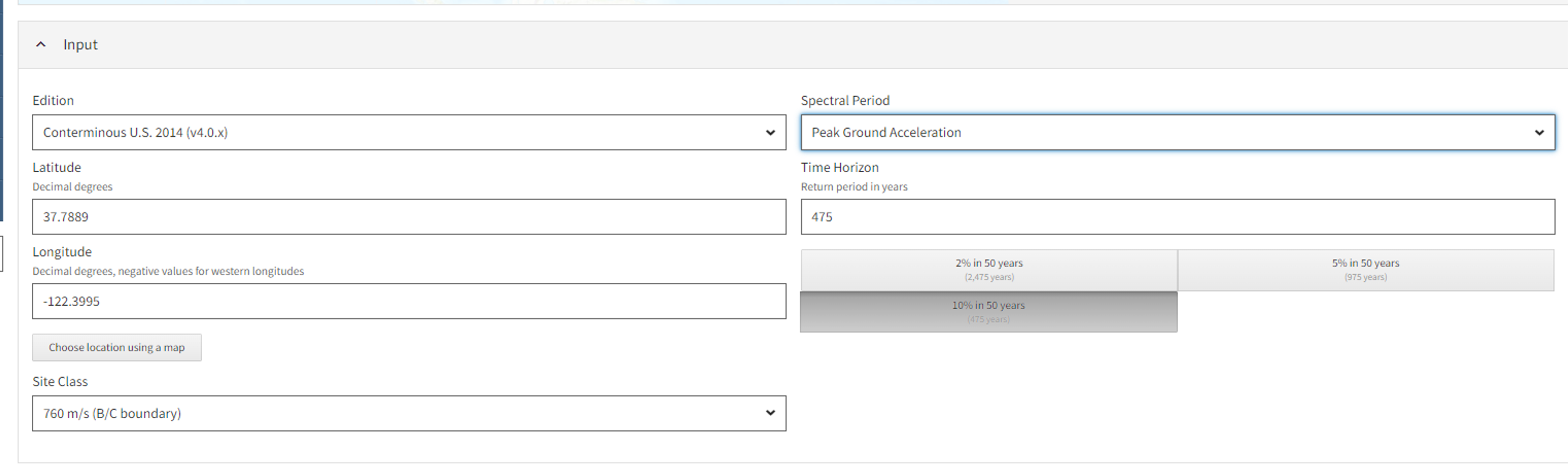USGS Unified Hazard Tool Sample Inputs